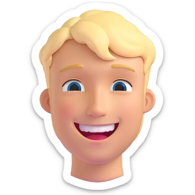 Create a 3D cartoon style memoji of a smiling blond young man with tears of joy, matching the style of the reference image. sticker