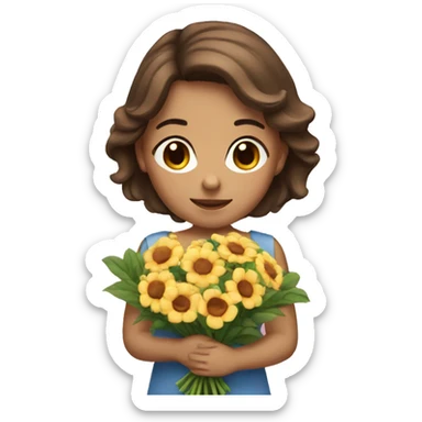 A girl with brown hair with a bouquet sticker