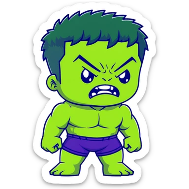 Chibi Hulk, cute small proportions, big head, tiny body, adorable angry expression, green skin, purple shorts sticker