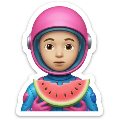 Neon pink and blue spaceman side eye eating melon looking suspicious sticker