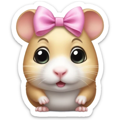 A small hamster with teary, watery eyes, looking emotional or on the verge of crying, wearing a cute pink bow on its head for an added touch of innocence and charm. sticker