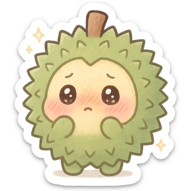 cute chibi soft fluffy durian character, round, green spiky shell, yellow flesh, blushing, shy, sparkly eyes, pastel, full-body sticker