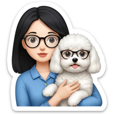 Girl with long black hair and glasses holding a white Bichon Frise dog sticker
