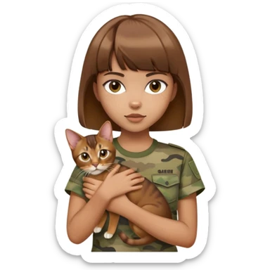a girl with short brown hair and bangs holding an Abyssinian cat, wearing camouflage short sleeves  sticker
