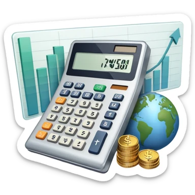 An icon featuring a calculator, a dollar sign, and a chart with upward trends, symbolizing economics. The design includes coins, bills, and a globe, representing global trade and financial systems. Transparent background highlights the study of markets, supply, and demand. sticker