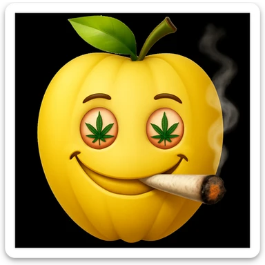 Add a cartoon joint with smoke to the smiley face made of apples as eyes and a banana as the mouth. Make it look like the face is smoking weed, keep the emoji style. sticker
