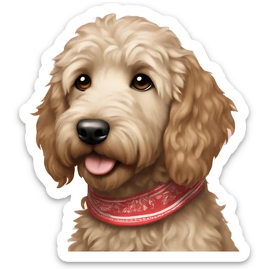 Cream colored dark brown Goldendoodle wearing a bandana sticker