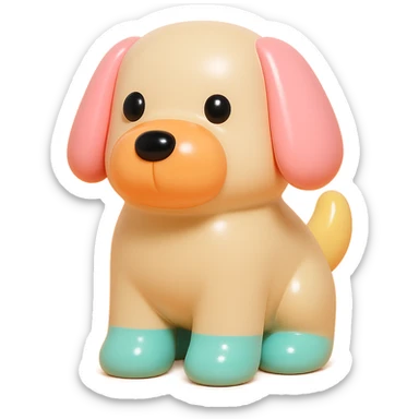               Transform {subject} into a soft vinyl figure with a smooth, glossy surface. The material should look slightly rubbery and tactile, with minimalistic curves and a matte-gloss hybrid finish. Use pastel or soft solid colors. The surface is seamless, with no visible textures or roughness. Studio lighting, vibrant background, clean, playful, designer toy aesthetic and no shadows. {subject} = dog sticker