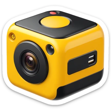 Insta360 camera emoji, isometric angle, yellow and black, compact and modern sticker