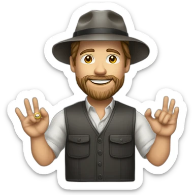 small businessman,Bucket Hat,smile, Brad Pitt, rings on his fingers, beard, vest, realistic sticker