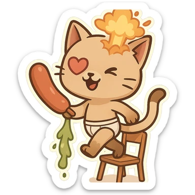 cartoon cat walking on a chair, holding a giant sausage, one heart-shaped eye, green vomit coming from its leg, exploding head, wearing underwear sticker