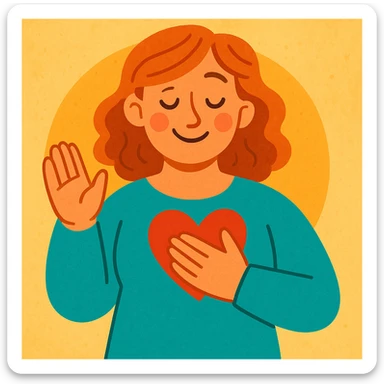 gentle caring woman with heart symbol, exuding warmth and reassurance, soft inviting illustration style, Mutmacherin sticker