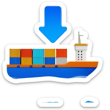 A 3D stylized cargo ship carrying colorful containers, with a large blue arrow pointing downwards or towards the viewer. Modern aesthetic, glossy materials, ocean blue and bright orange accents, 4k render, white background. sticker