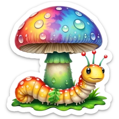 Tie dye mushroom with dew and a cute caterpillar  sticker