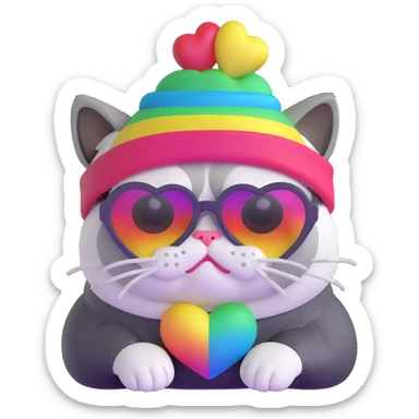 grumpy cat wearing a rainbow beanie and heart-shaped sunglasses sticker