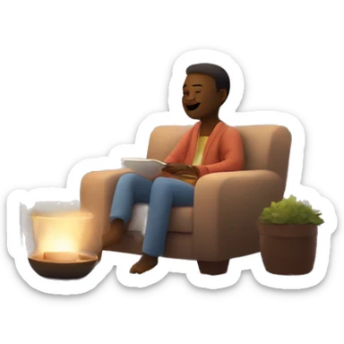 An image of a person relaxing on a comfy chair with a blanket, a cup of tea, and soft lighting, creating a peaceful atmosphere sticker