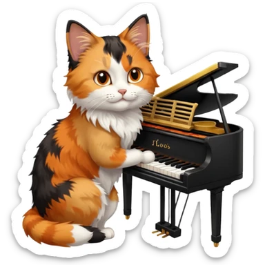 calico cat play piano, portrait sticker