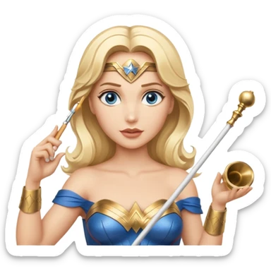 Blonde blue eyed Wonder Woman holding white orchestra conductor’s baton and bell sticker