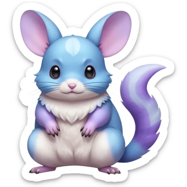 Light-pastel-Cyan-white-blue-gradients rodent-chinchilla-Minccino-Pokémon-Fakémon-fusion-hybrid-Pokémon-animal-creature, full body with purple-violet-pinkish round cheek markings  sticker