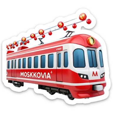 Apple iOS style 3D emoji of a
Moscow Metro train (modern
"Moskva-2020" model) decorated for
New Year. The train has a large red Santa hat on its front and is wrapped in glowing LED garlands. A bright iconic red letter
"M" logo is positioned next to it. Smooth glossy plastic, soft 3D render,  sticker