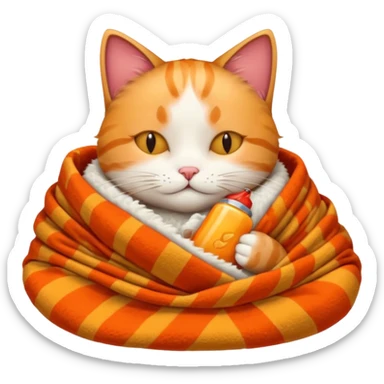 A sleepy cat patient wrapped in a warm blanket, holding a tiny hot pack.
 sticker