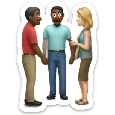 Two people speaking to a person in a doorway sticker