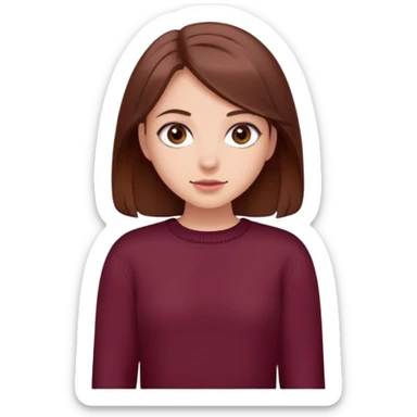 A girl with brown hair smiles, gray eyes, wearing a burgundy sweater sticker
