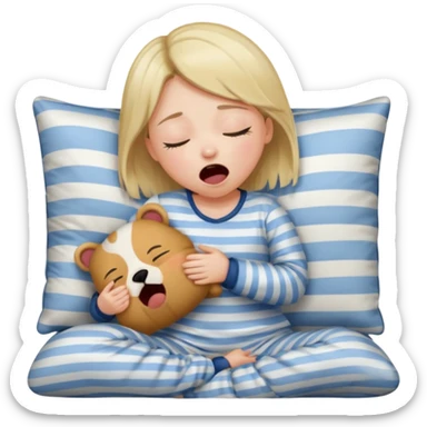 {
      "type": "human",
      "look": "girl in striped pyjamas, yawning, holding pillow",
      "description": "a sleepy girl in striped pyjamas yawning while holding a pillow"
    } sticker