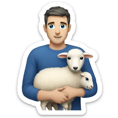 white man with blue eyes and dark short hair hugging sheep  sticker