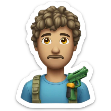 Man with water pistol attached to the side of his head sticker