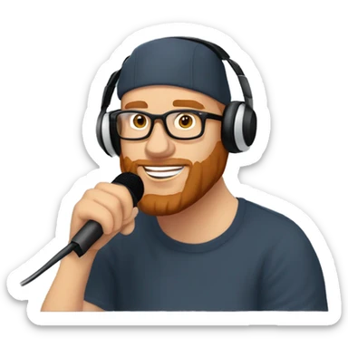 37 year old male, balding, with a snap back cap, red beard, headphones on, clear glasses, speaking into podcast microphone sticker
