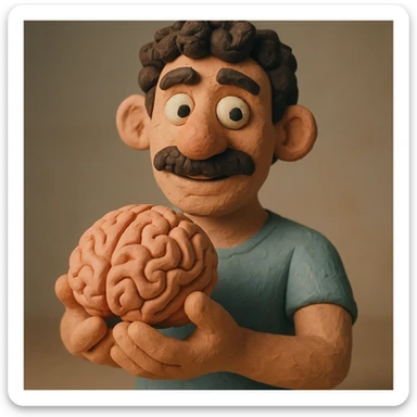 Enhance the claymation man holding a brain by adding more depth and dimension to the image. Make him more attractive and quirky, inspired by the first version, with dark curly hair, thick mustache, light skin, claymation style, visible fingerprints, and pastel colors. sticker