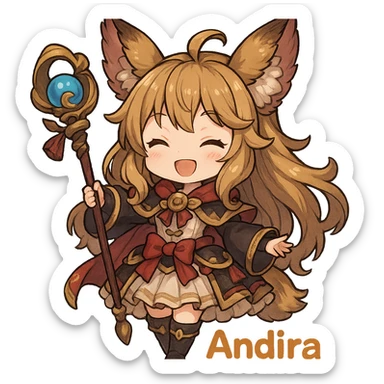 Andira from Granblue Fantasy, chibi style, holding her staff, cheerful expression, detailed costume, animal ears, vibrant colors sticker