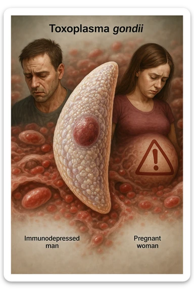 Toxoplasma gondii, infetta uomo immunodepresso e donne incinta. Causando gravi problemi tutto scritto in italiano immagine iperrealistica sticker