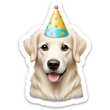 White golden retriever wearing polka dot party hat sticker