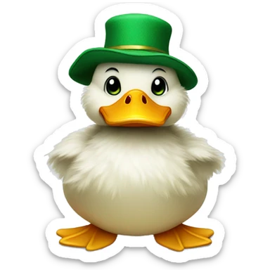 fluffy duck with hands and wear green hat sticker