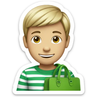 smiling boy in striped shirt with green bag sticker