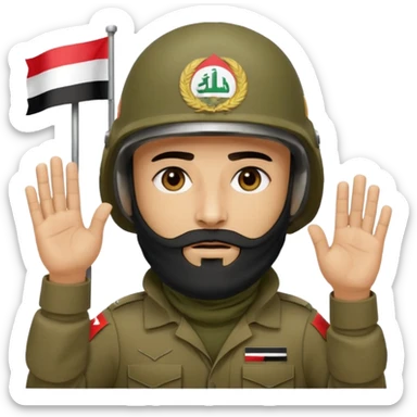 surrenders, depicts an Iraqi soldier from 1980, with a beard, in a helmet, a helmet with sign flag Iraq, with a balaclava, with sad eyes and both hands raised up sticker
