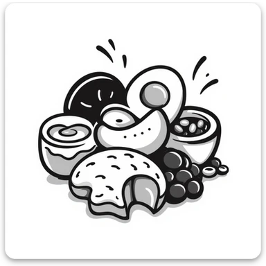 Close up of protein foods (meat, egg, beans, tofu, yogurt) connected together in a unified cluster, glowing with energy, floating in a warm light. sticker
