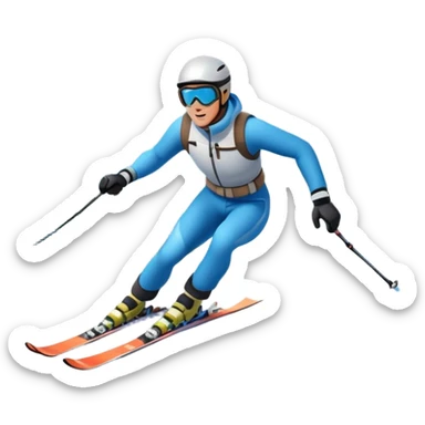 An icon featuring a skier racing down a snow-covered slope, surrounded by snowy peaks, pine trees, and a picturesque mountain landscape. The sky is blue with soft clouds, capturing the thrill and beauty of alpine skiing. Transparent background  sticker