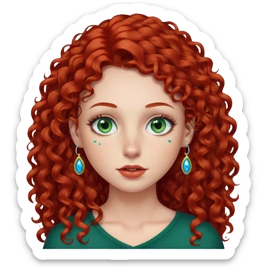 Red curly long hair with side fringe woman, pale skin, green/blue eyes, lower right lip piercing stud, nostril nose stud sticker