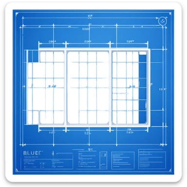 blue blueprint plan with white lines, perspective view showing both side and top sticker