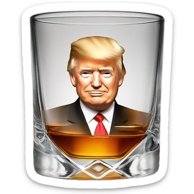 Whiskey glass with whiskey & an image of Donald Trumps face  sticker
