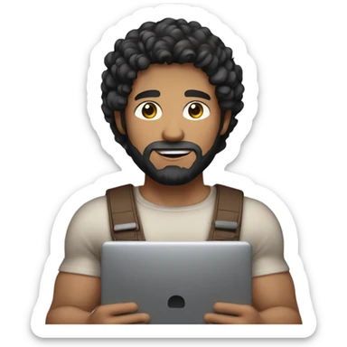 men holding his computer in hands. light brown skin men with curly black hair, dark brown eyes, little grown beard. just a tiny bit muscular. dressed casual. round face. sticker