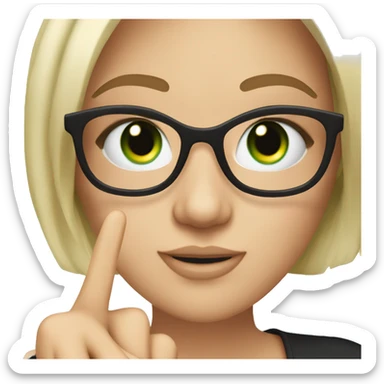 A white women with glasses, and green eyes and doing the peace sign with bracelets around her wrists and fake lashes sticker