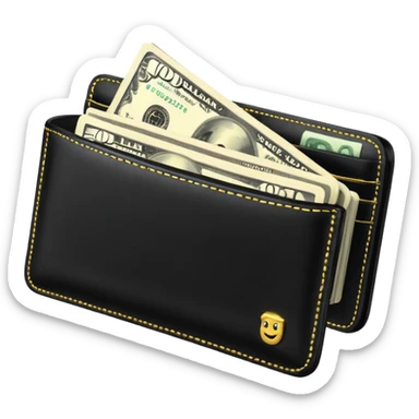 Rich emoji style black leather wallet with dollar bills, luxury money vibe, premium 3D emoji, ultra clean, high detail, no background sticker