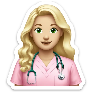 pale blonde girl with long wavy hair and green eyes wearing pink scrubs and stethoscope  sticker