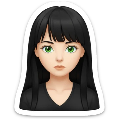 A white woman with Long straight hair with bangs, black hair, green eyes and a low-cut shirt sticker