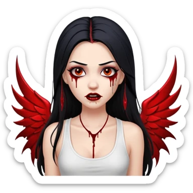 White woman with a white tank top long black hair glossy middle part long hair vamp look with fangs or blood dripping down lips brown eyes eyeliner winged with lashes top and bottom white border sticker
