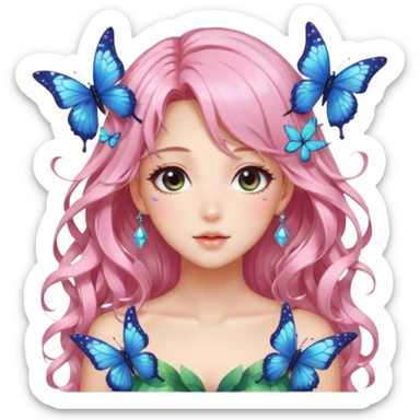 gorgeous shiny blushing anime lady with butterflies and beautiful hair fairycore high quality detailed vogue trending aesthetic sticker